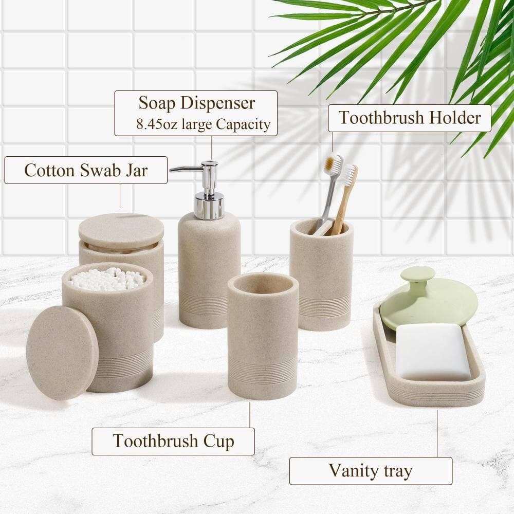 Numhew 6-Piece Bathroom Accessory Set with Soap Dispenser, Vanity Tray, Tumbler, Cotton Swab Jar for Bathroom Organizer, Beige (3)