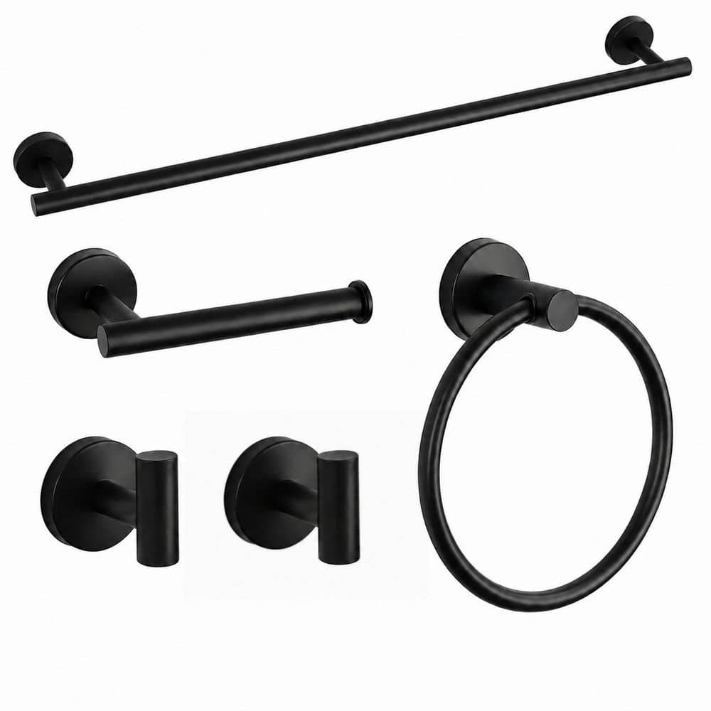 LAIFUCAM 5 Piece Matte Black Bathroom Hardware Set with Towel Bar, Towel Ring, Toilet Paper Holder, Robe Hook (1)