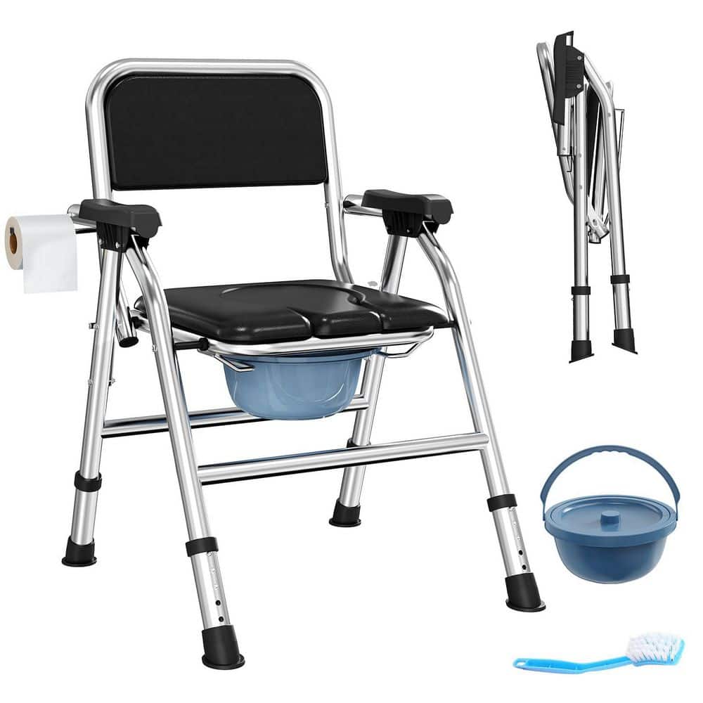 Wudkey Adjustable Height Folding 4-in-1 19.5"x17.5" Bedside Commode Toilet Seat with Arms and Back in Black (1)