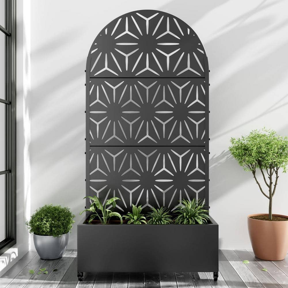 Lirago 72 in. x 35 in. Arched-Top Black Outdoor Metal Privacy Screen Raised Planter Box Wall Decor (1)