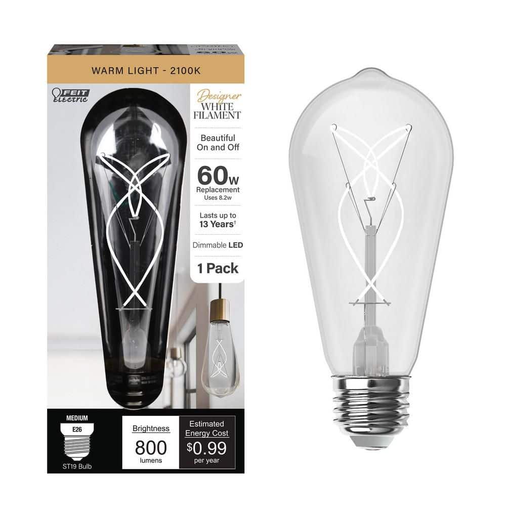 Feit Electric 60-Watt Equivalent ST19 Dimmable Knot Thin White Filament Clear Glass E26 Vintage Edison LED Light Bulb Warm White 2100K