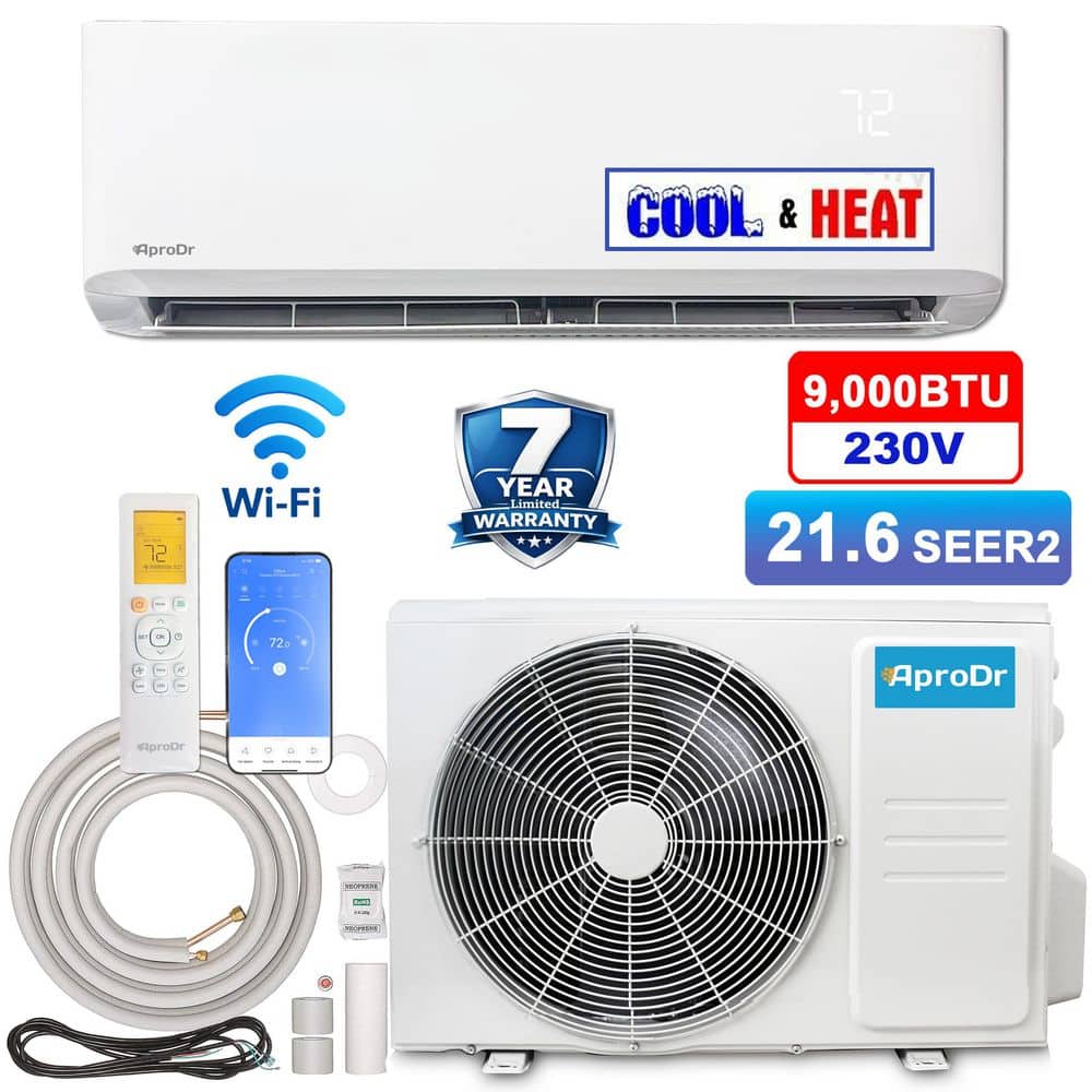 AproDr 9,000 BTU 21.6 SEER2,230-Volt, 400-SqFt Inverter Wi-Fi Ductless Mini Split Air Conditioner with Heat Pump 16Ft Lineset