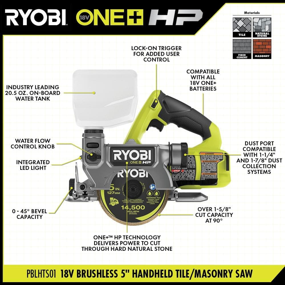 RYOBI ONE+ HP 18V Cordless Handheld Wet/Dry Masonry Tile Saw (Tool Only) (4)