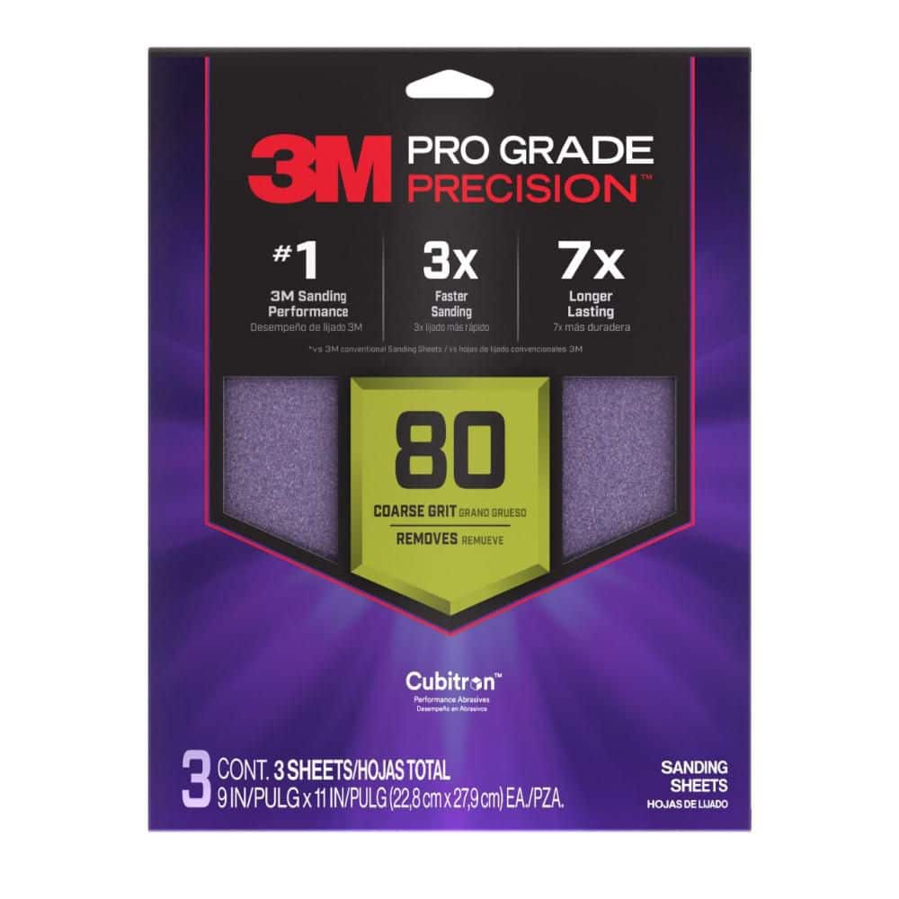 3M Pro Grade Precision 9 in. x 11 in. 80 Grit Faster Sanding Sheet With No-Slip Grip Backing (3-Pack)