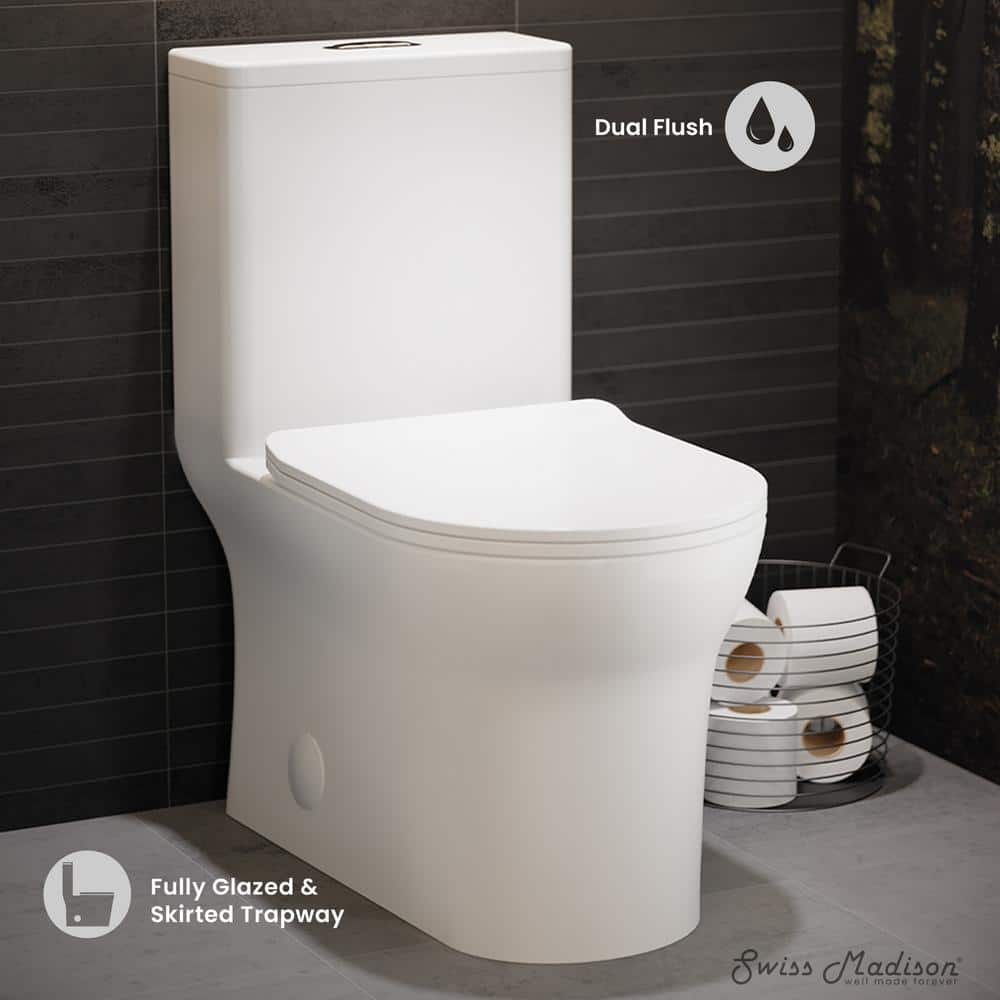 Swiss Madison Burdon 1-Piece 12 in. Rough-in 1.1/1.6GPF Dual Flush Elongated Toilet in Glossy White with Chrome Hardware Seat Included (2)