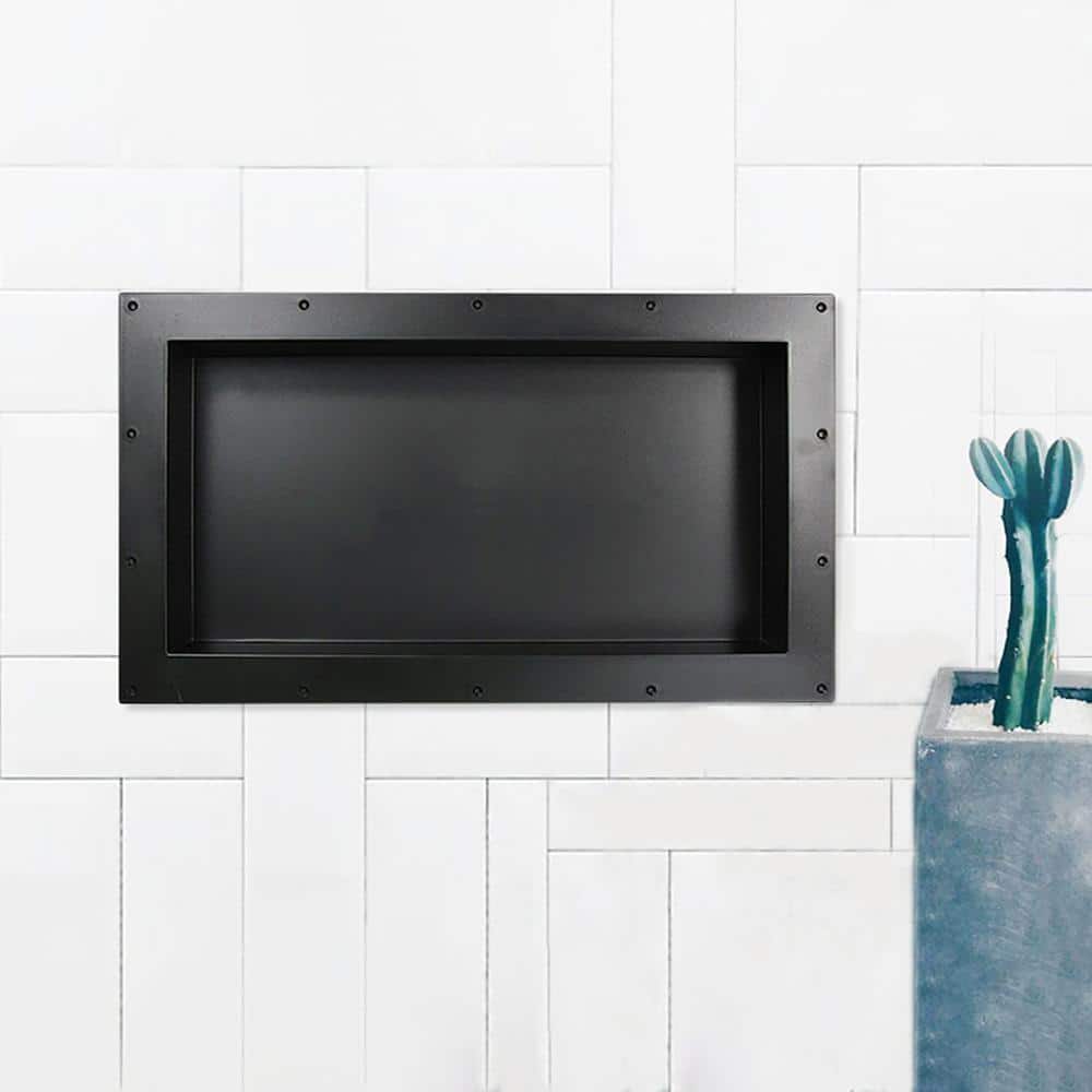 SEEUTEK 28 in. W x 16 in. H x 3.8 in. D Shower Niche Ready for Tile ABS Single Shelf for Shampoo, Toiletry Storage in Black