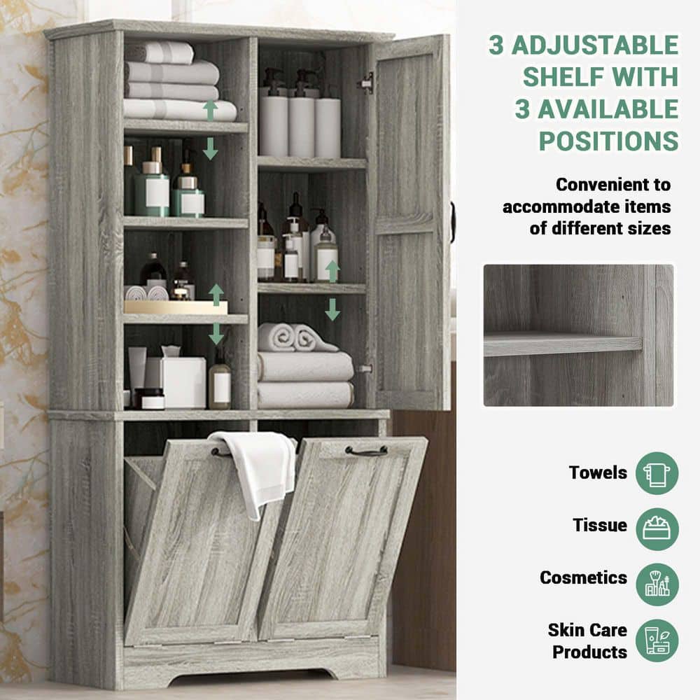 Bezeit 31 in. W 14 in. D 68 in. H Gray MDF Freestanding Linen Cabinet with Tilt-Out Laundry Hamper and Open Shelves (3)