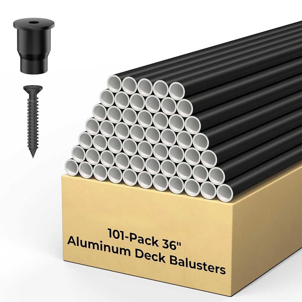 Afoxsos 36 Round Aluminum Deck Balusters Black Spindles with Connectors for Outdoor Porch Stair Railings 101-Pack (1)