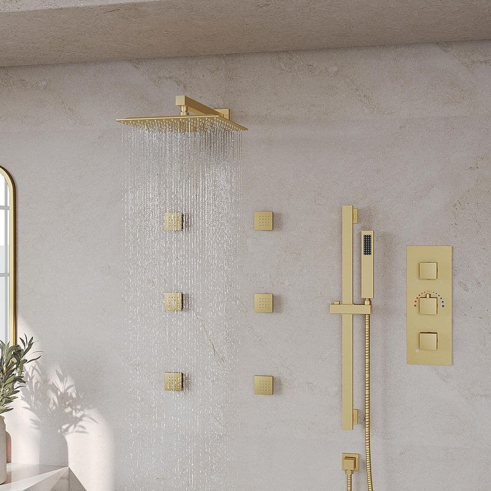 GRANDJOY 12 in. Wall Mount 3-Handle 5-Spray Shower Faucet 2.5 GPM with High Pressure, Body Spray in Brushed Gold Valve Included (2)