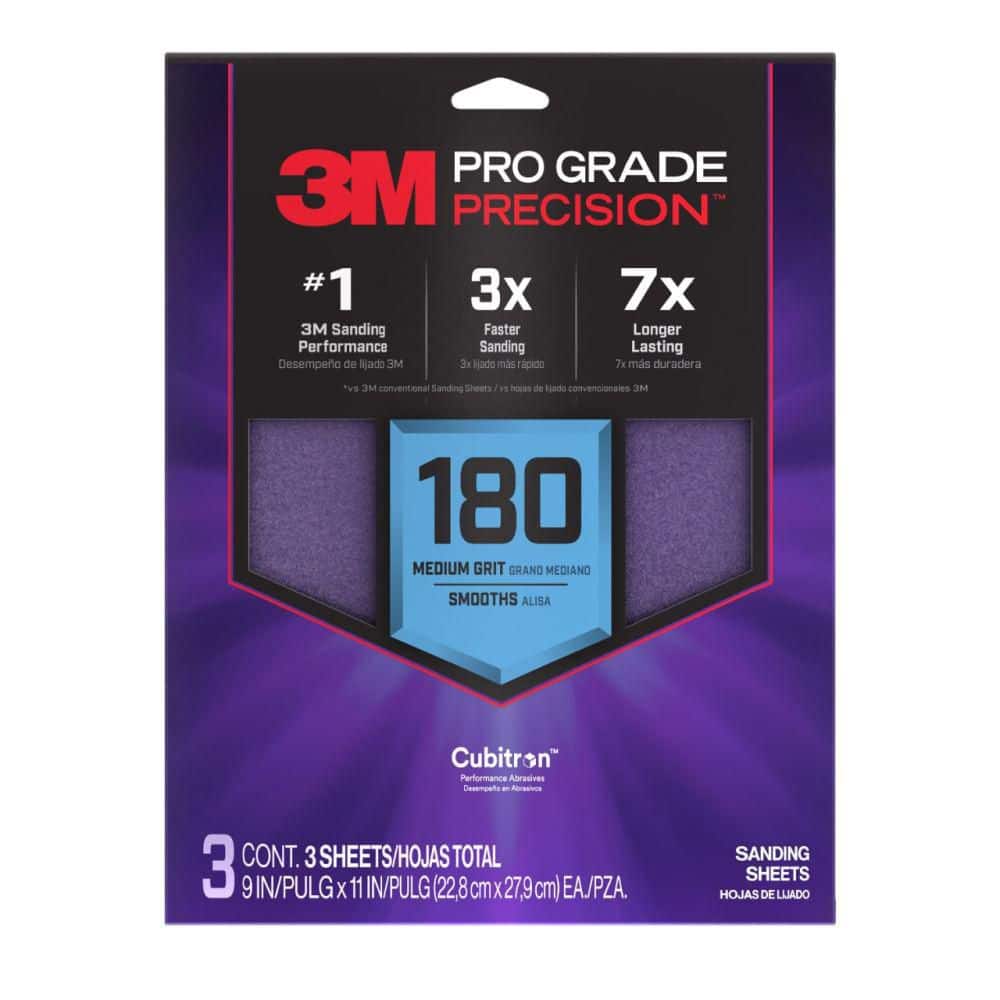 3M Pro Grade Precision 9 in. x 11 in. 180 Grit Faster Sanding Sheet With No-Slip Grip Backing (3-Pack) (1)