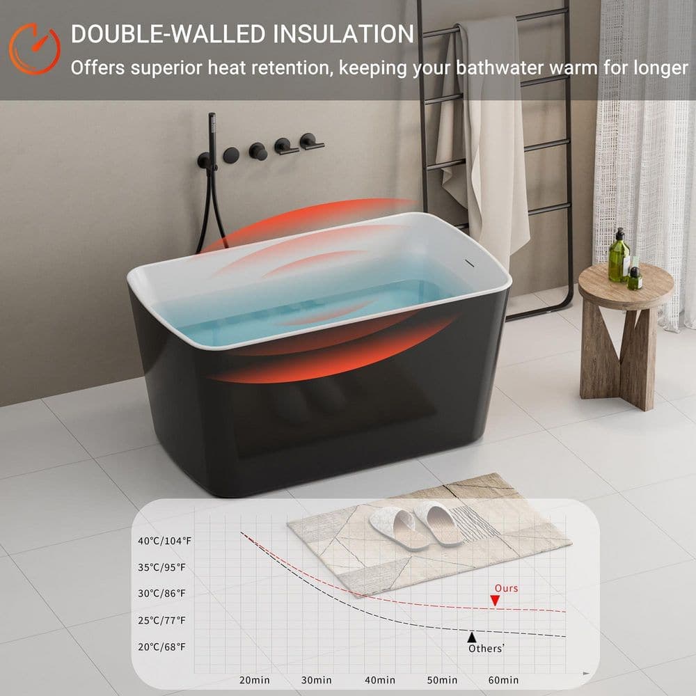 Dueyeeri 49 in. x 28 in. Acrylic Freestanding Soaking Bathtub in Glossy Black with Chrome Reversible Drain (3)