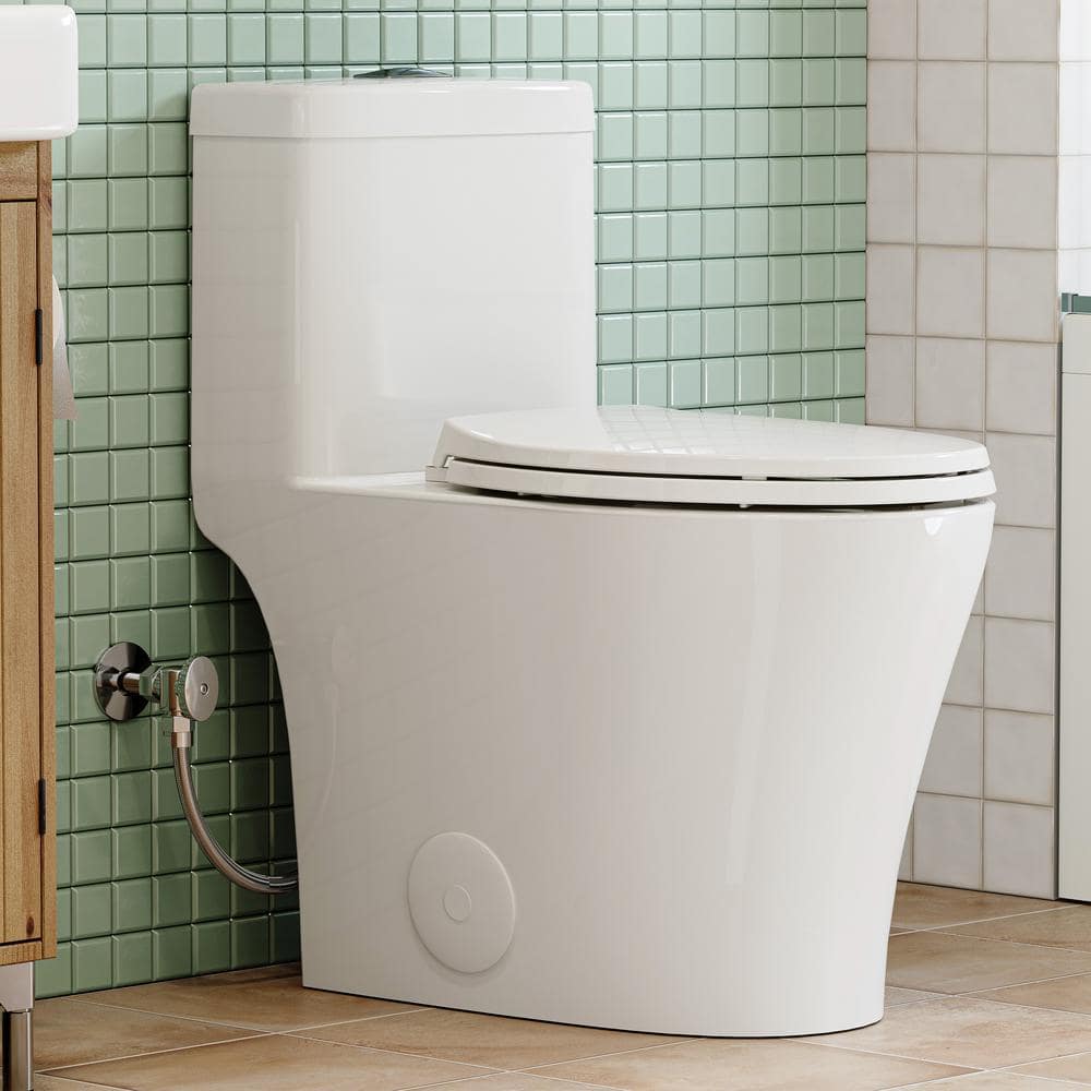 HOROW 1-Piece Compact 0.8/1.26 GPF Dual Flush Elongated ADA Height WaterSense Toilet in White, Seat Included (1)