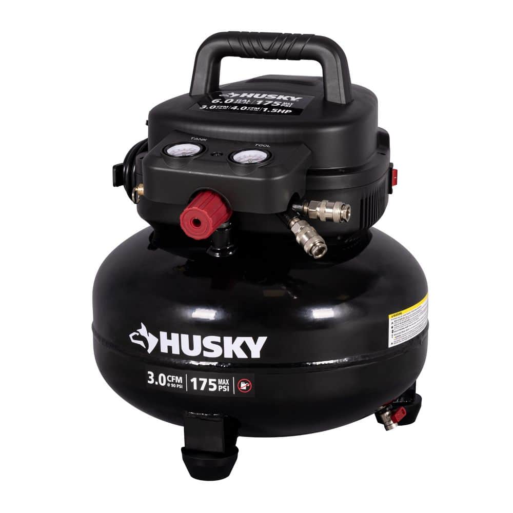 Husky 6 Gal. 175 PSI Electric Oil-Free High Performance Jobsite Pancake Air Compressor with Dual Gauges and 2-Quick Couplers