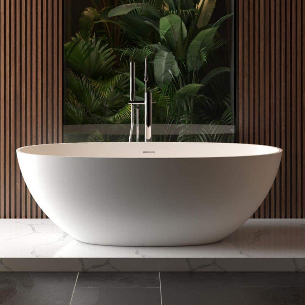 NTQ 65 in. x 29.5 in. Solid Surface Soaking Bathtub with Center Drain Flat Bottom Free Standing Classic Oval Shape in White (1)