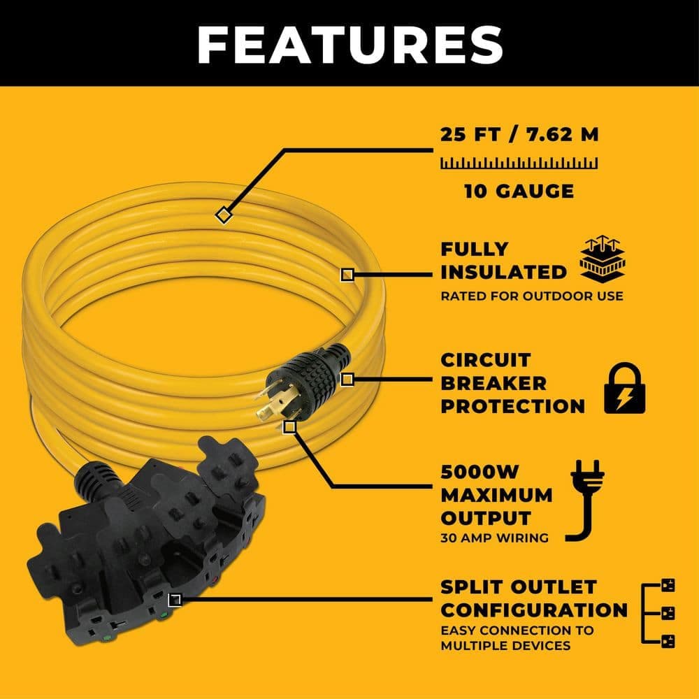 FIRMAN 25 ft. 125-Volt 30 Amp L14-30P to Four 20 Amp 5-20R Fan-Style Generator Power Extension Cord with Storage Strap (2)
