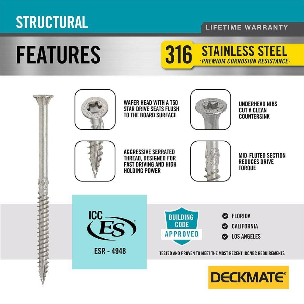 DECKMATE 3/8 in. x 6 in. Star Drive Wafer Head Structural 316 Stainless Steel Screw (30-Piece) (3)