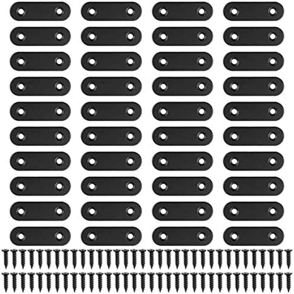KIWDZFU 50x16mm Stainless Steel Black Straight Brackets Flat Brackets Mending Repair Plate with Screws for Wood 40 Pieces (1)