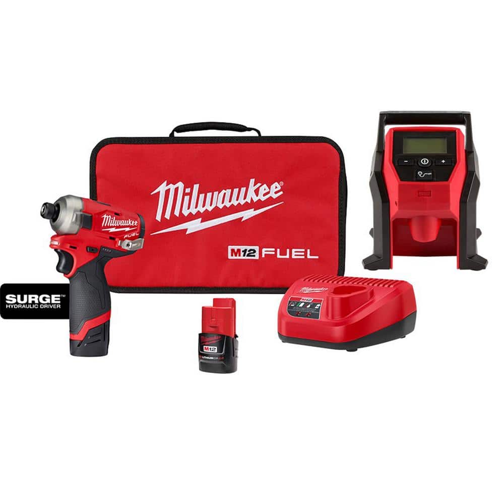 Milwaukee M12 FUEL 12-Volt Lithium-Ion Brushless Cordless SURGE 1/4 in. Hex Impact Driver and M12 Compact Inflator Combo Kit