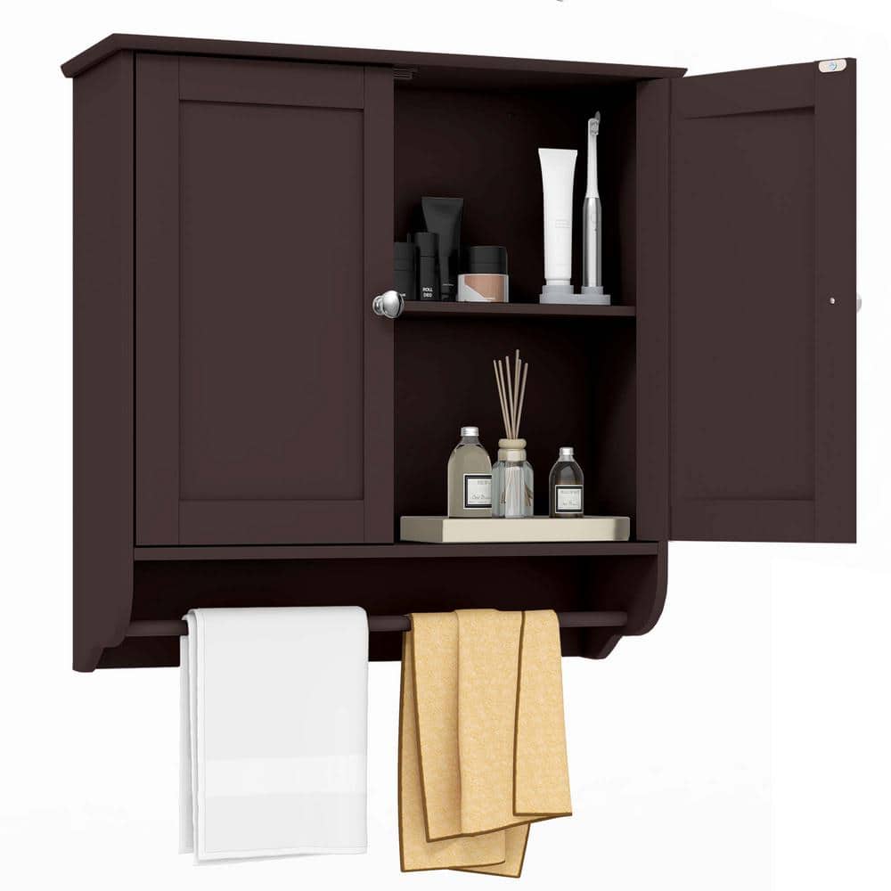 Costway 24 in. W x 8 in. D x 24 in. H Bathroom Storage Wall Cabinet Medicine Cabinet Storage Cupboard with Towel Bar Brown (2)