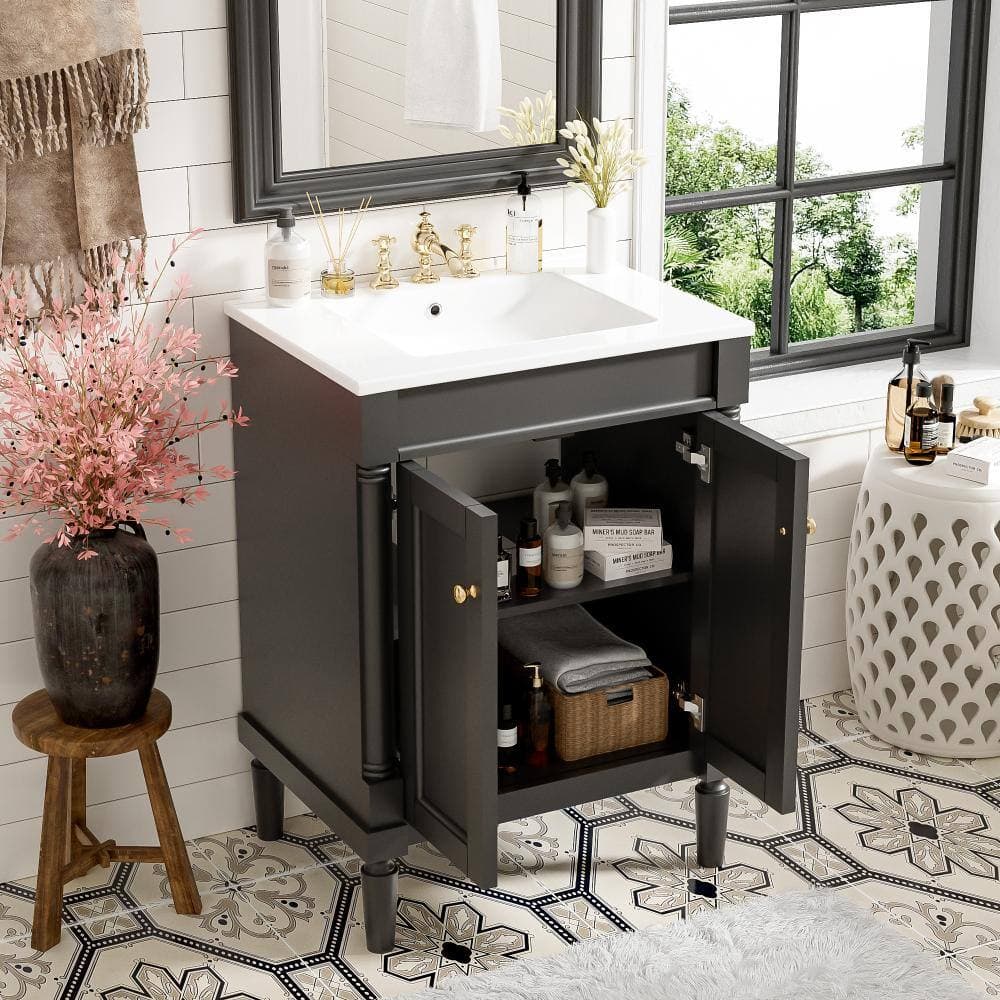 Flynama 24" Bathroom Vanity with Sink, 2-Tier Storage Cabinet & Large Shelves (3)
