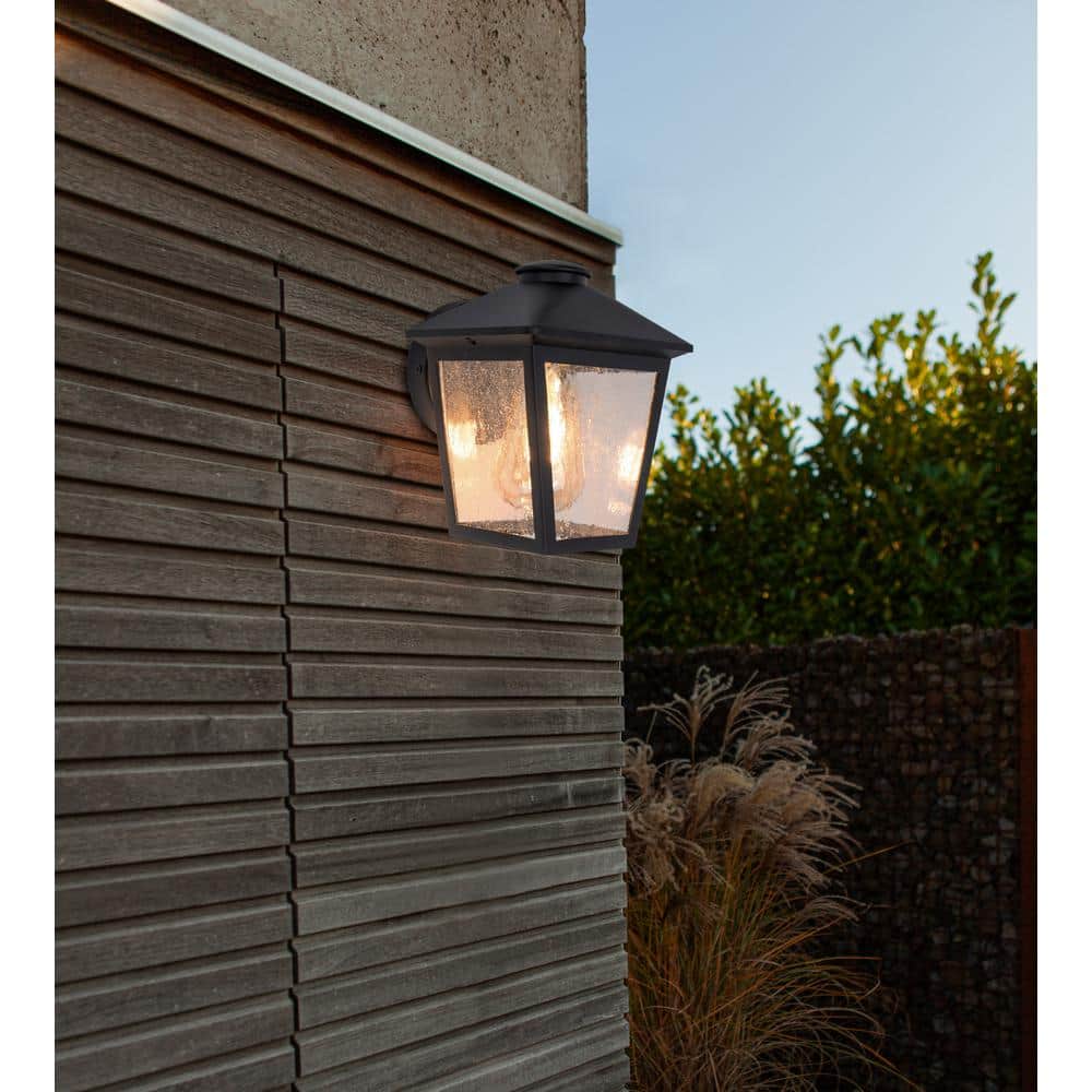 Hampton Bay Malena 7.83 in. 1-Light Black Hardwired Outdoor Wall Light Lantern Sconce Light with Clear Seeded Glass (3)