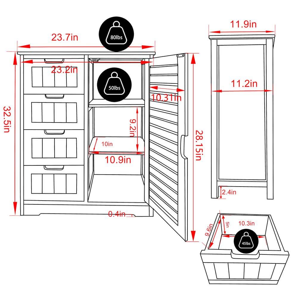 VEIKOUS 32.5 in. H 23.7 in. W 11.9 in. D Bamboo Freestanding Linen Cabinet with Adjustable Shelves and 4-Drawer (3)