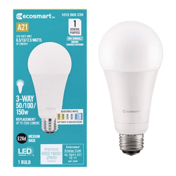 EcoSmart 50/100/150-Watt Equivalent 3-Way A21 Non-Dimmable LED Light Bulb Selectable Color Temperature (1-Pack)