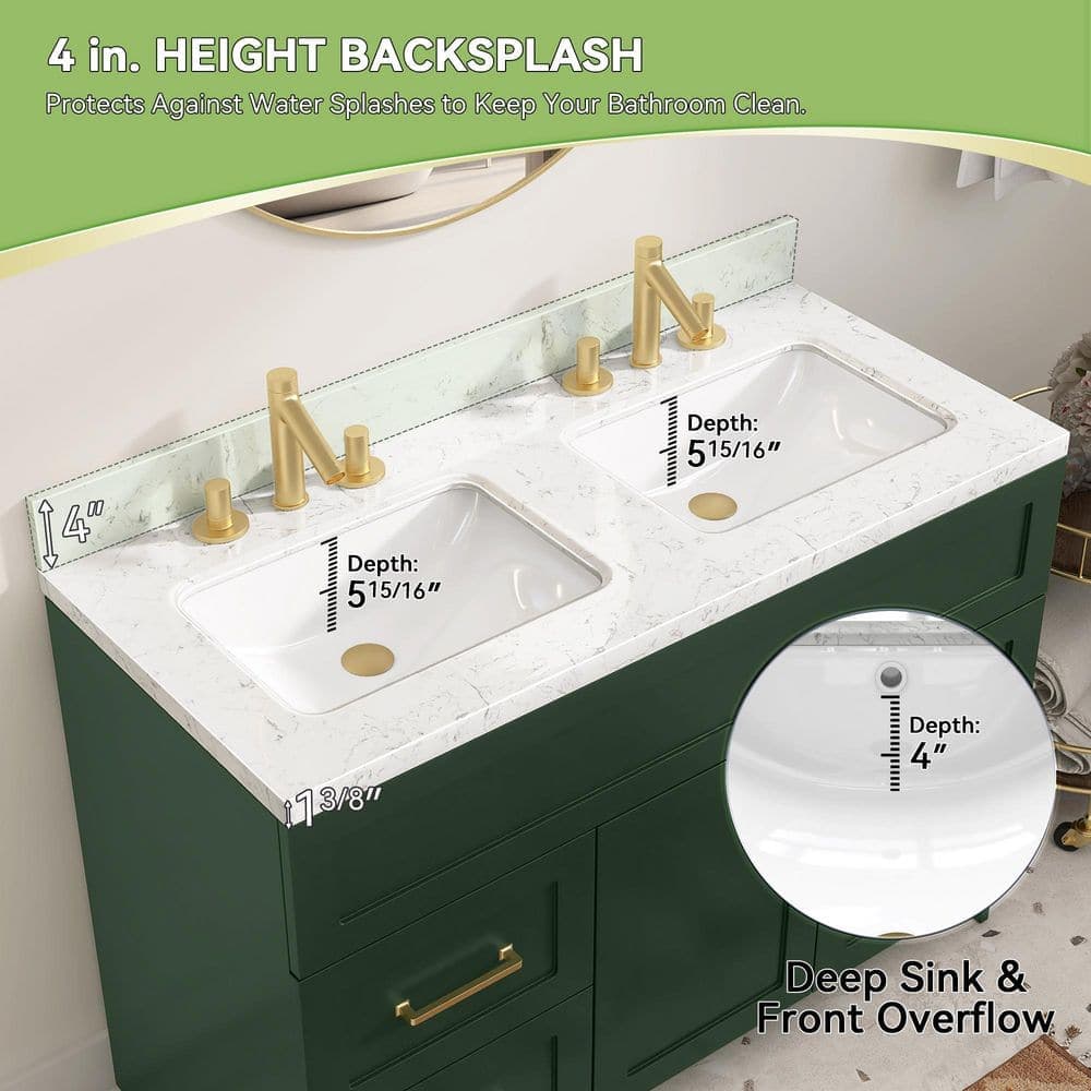 Getpro 54 in. W x 22 in. D Engineered Stone White Rectangular Double Sink Vanity Top in Carrara White with 4 in. Backsplash (3)