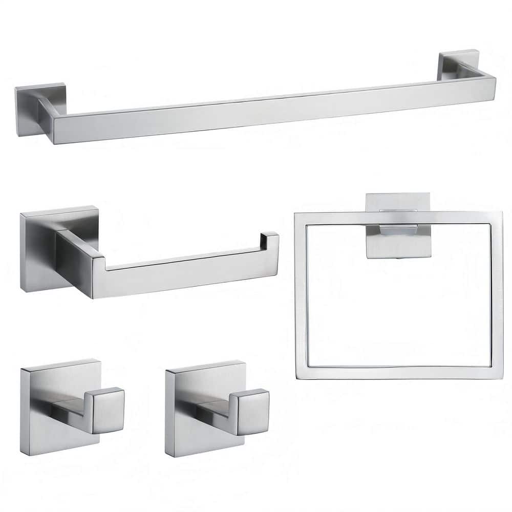 Wudkey 5-Piece Brushed Nickel Towel Racks for Bathroom Stainless Steel Wall Mount Towel Bar Towel Hook and Toilet Paper Holder (1)