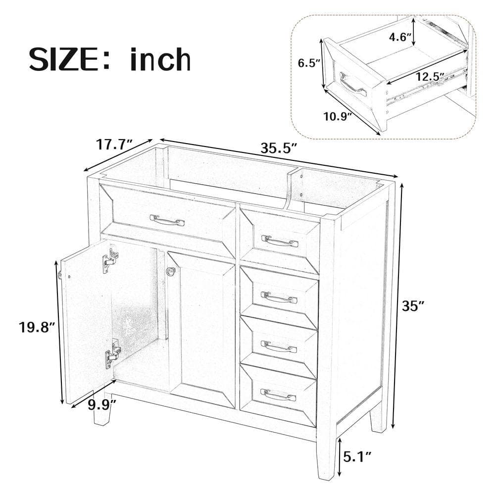 SANFANGIE BY 35.5 in. Bath Vanity Cabinet without Top in Black Unassembled, with 2 Doors, 3 Drawers (2)
