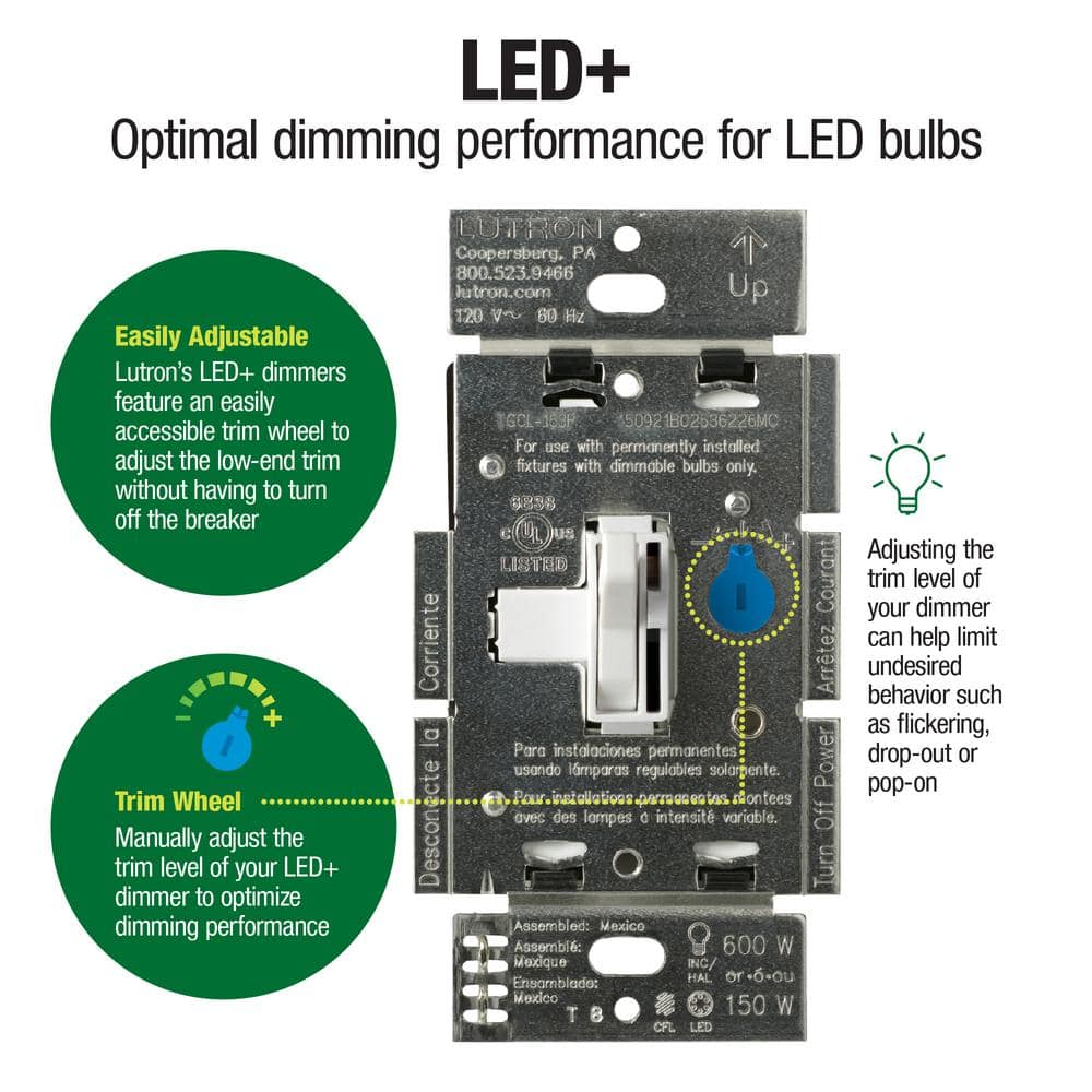 Lutron Toggler LED+ Dimmer Switch for Dimmable LED and Incandescent Bulbs, 250W/Single-Pole or 3-Way, (AYCL-253P-BL) (4)