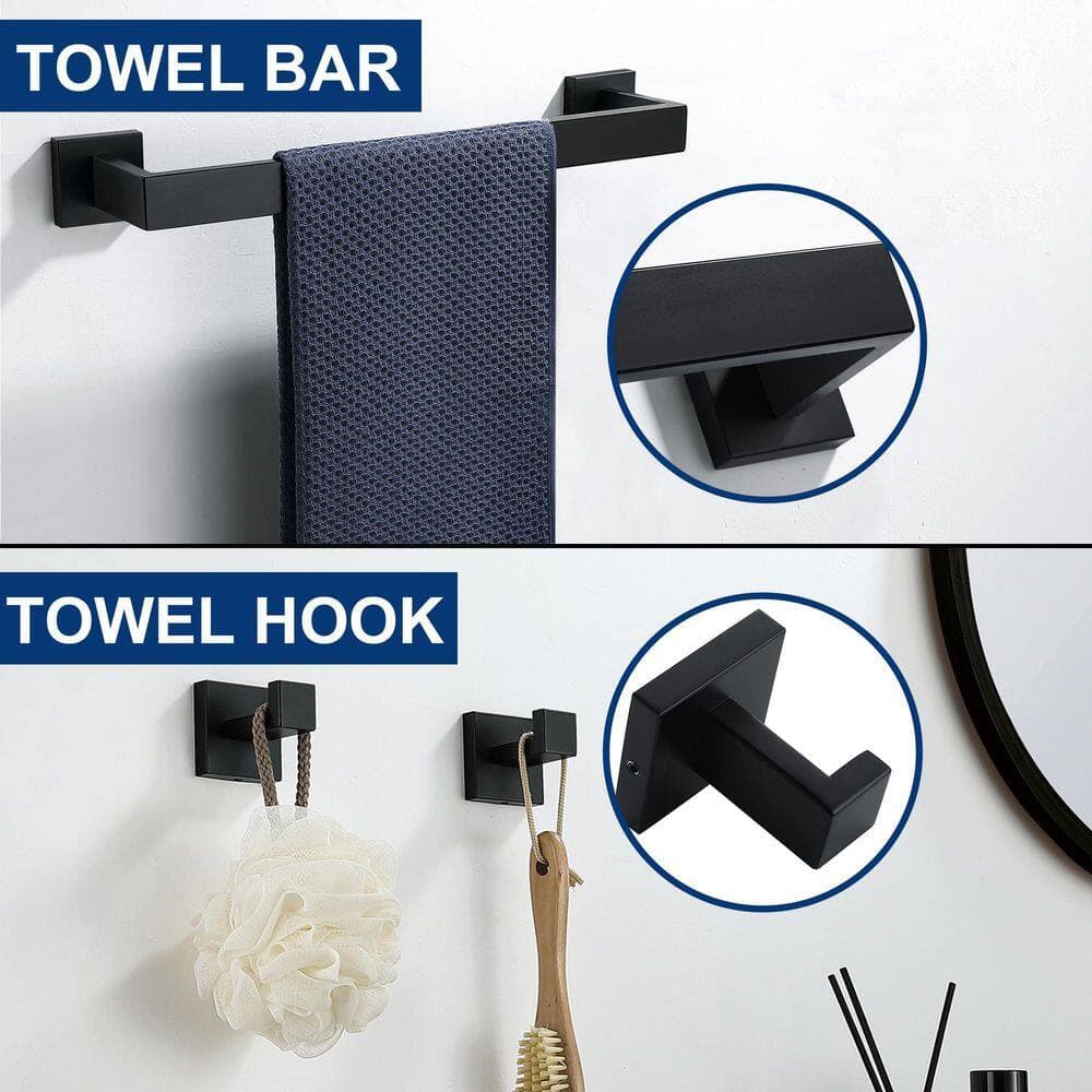 LAIFUCAM 5 Piece Bathroom Hardware Set with Towel Bar, Towel Ring, Toilet Paper Holder, Hooks in Matte Black Finish (3)