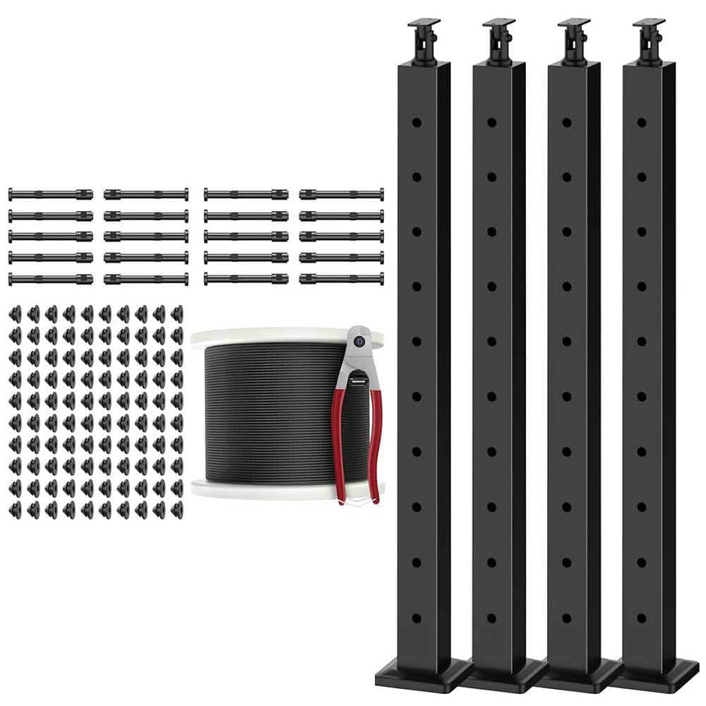 Afoxsos 2 in. 36 Adjustable Top System 4 Pack Black Level Drilled Posts 1/8 Wire Rope Swageless Kit Stainless Steel (1)