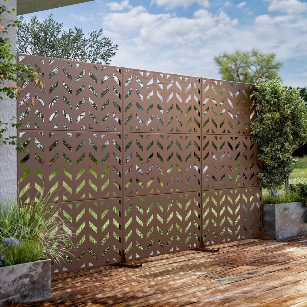 Lirago 72 in. H x 47 in. W Arrow Pattern Outdoor Metal Privacy Screen Garden Fence Wall Applique in Brown (2)