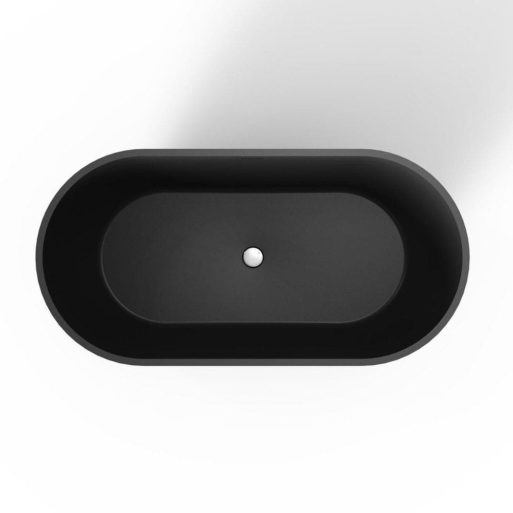 LIVACA 59.00 in. x 29.50 in. Flat Bottom Stone Resin Freestanding Soaking Bathtub with Center Drain in Matte Black (3)
