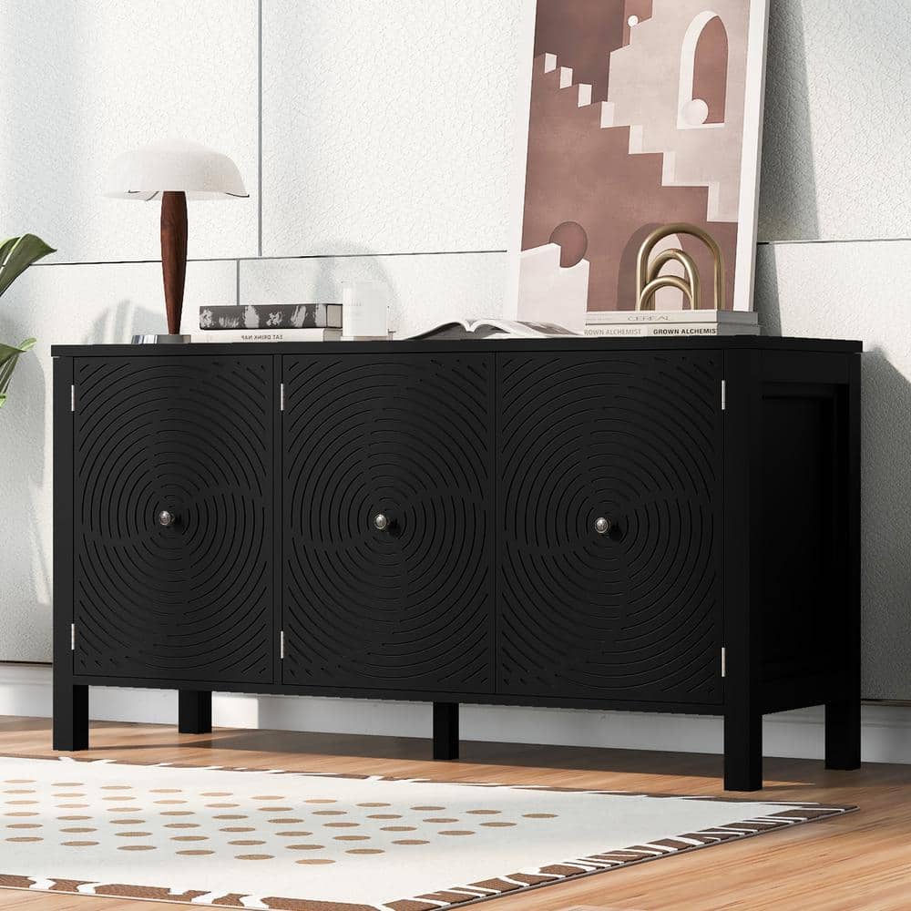 Unbranded 56.1 in. W x 17 in. D x 29.2 in. H Black Linen Cabinet with Curved Swirl Patterned Doors and Artistic 3-Door Design (2)