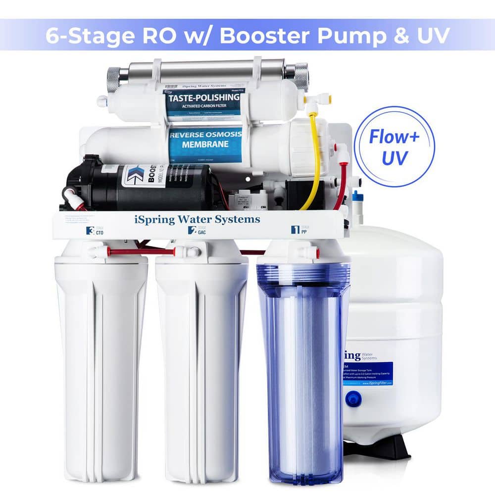 ISPRING 6-Stage Under Sink Reverse Osmosis Drinking Water Filtration System with Booster Pump and UV Filter, 100GPD