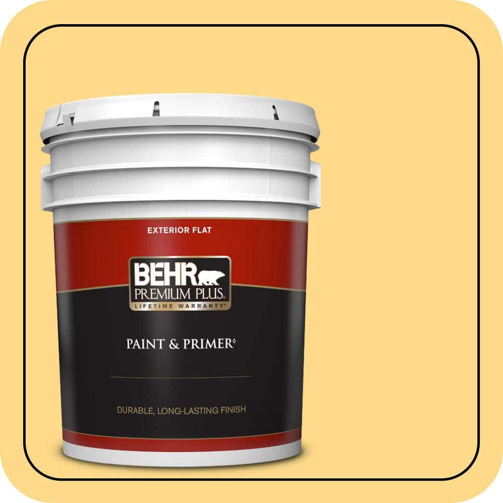 BEHR PREMIUM PLUS 5 gal. #P280-4 Surfboard Yellow Flat Exterior Paint & Primer