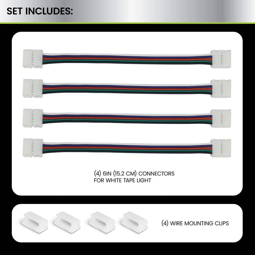 Commercial Electric 6 in. Connector Cord LED Strip Light Connector Pack (RGB+W) (4 in. x 6 in. Snap Connectors, 4 Wire Mounting Clips) (3)