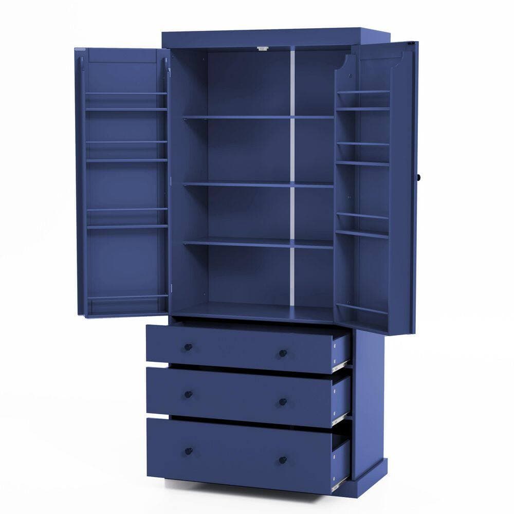 COWLOWN 35 in. W x 17.7 in. D x 77 in. H Blue Linen Cabinet Kitchen Pantry with 3-Adjustable Shelves, 8-Door Shelves, 3-Drawers (2)