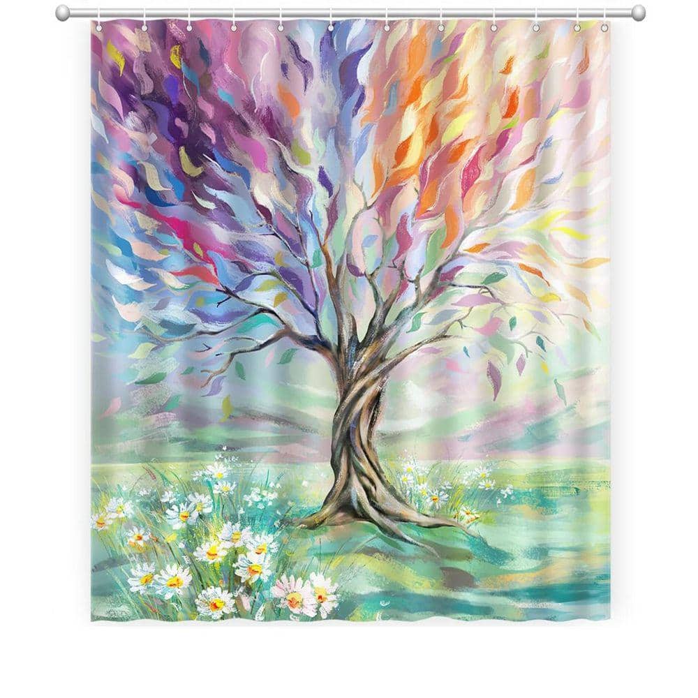 JFVKAF Oil Painting Tree Shower Curtain 72 x 72 Polyester Fabric with 12 Hooks Colorful Seasons Design for Bathroom Polyester (1)