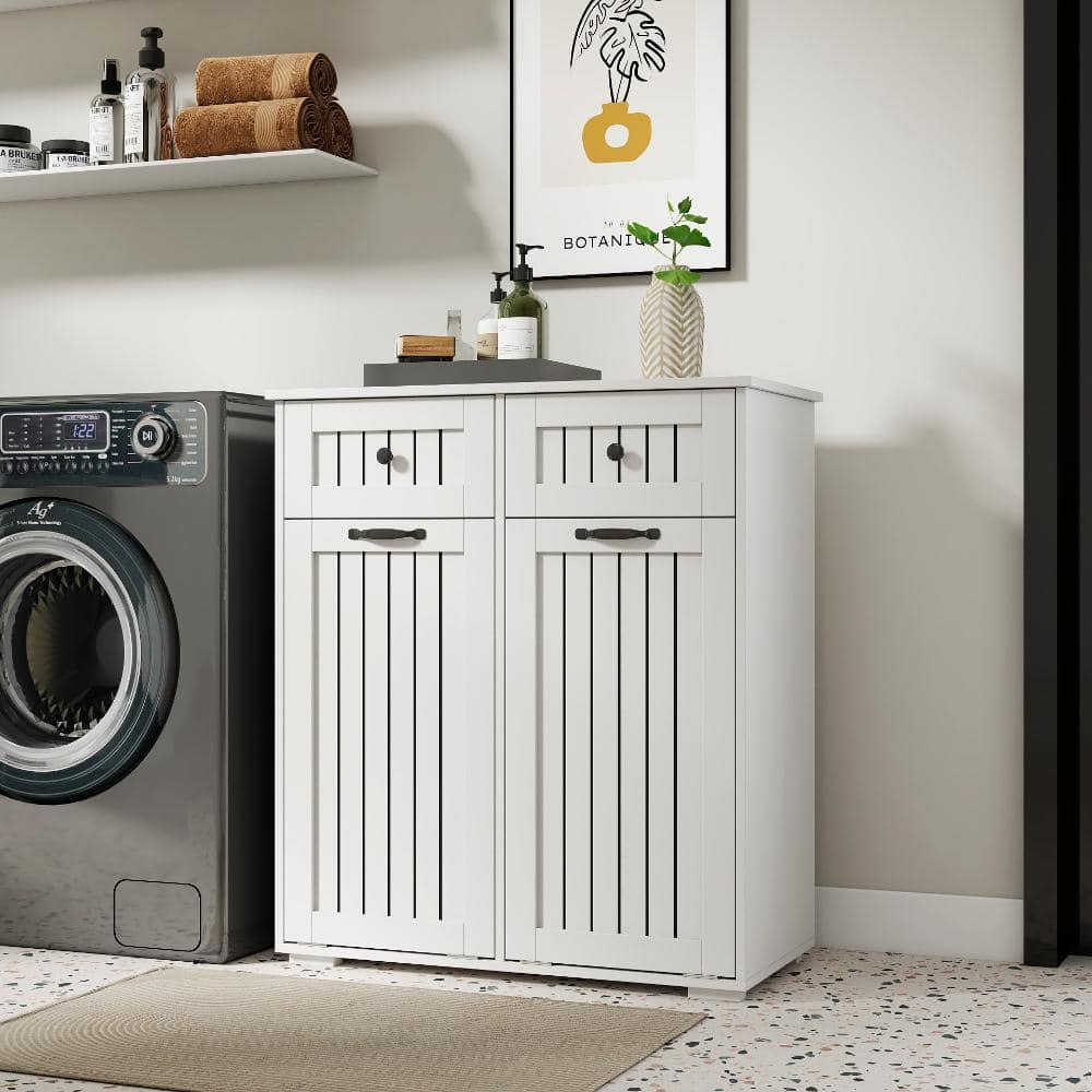 Unbranded 35.83 in. White Linen Cabinet with 2 Removable Laundry Basket and 2 Drawers for Bathroom