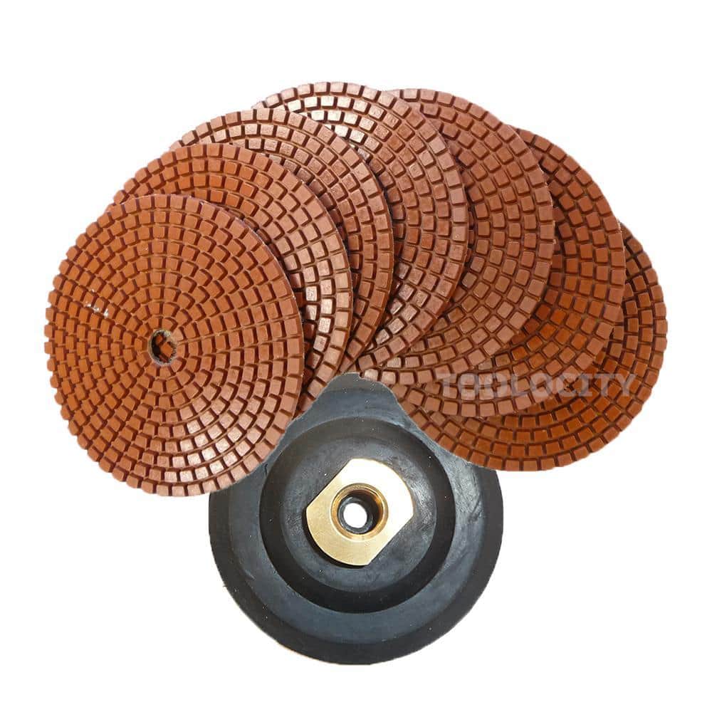 Toolocity 5 in. JHX Metal Bond Diamond Polishing Pad(7-Piece) Set with 5 in. Back Holder Semi-Rigid for Polishing Granite/Concrete (1)