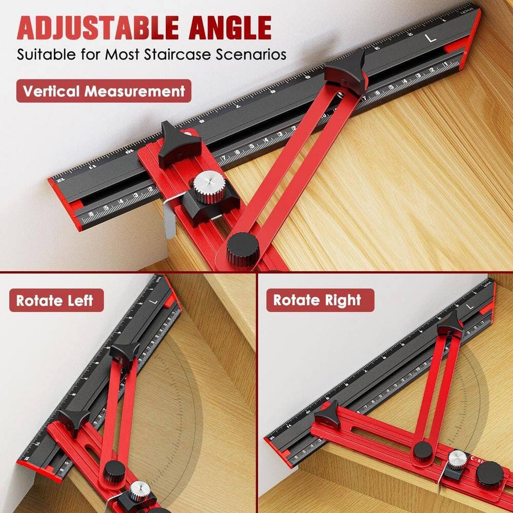 Helhom 8 in. to 72 in. Red Stair Tread Template Tool, Stair Measuring Tool with Triangular Structure Brace and Edge Flip Stops (3)
