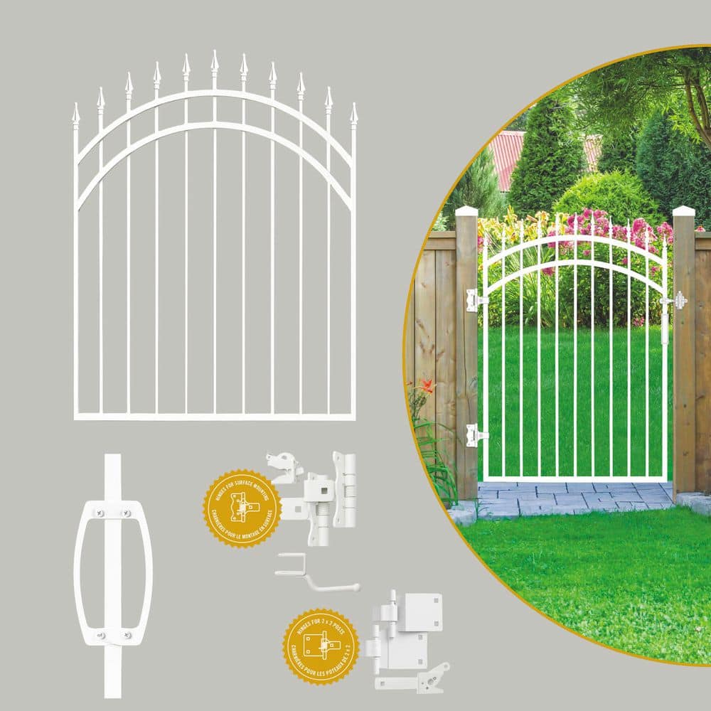 NUVO IRON Glossy Arched Tiger Eye Steel Gate (45 in. W 56 in. H) with Self-Close Hardware, Double-Sided Handle, 2x2 Hinges (3)