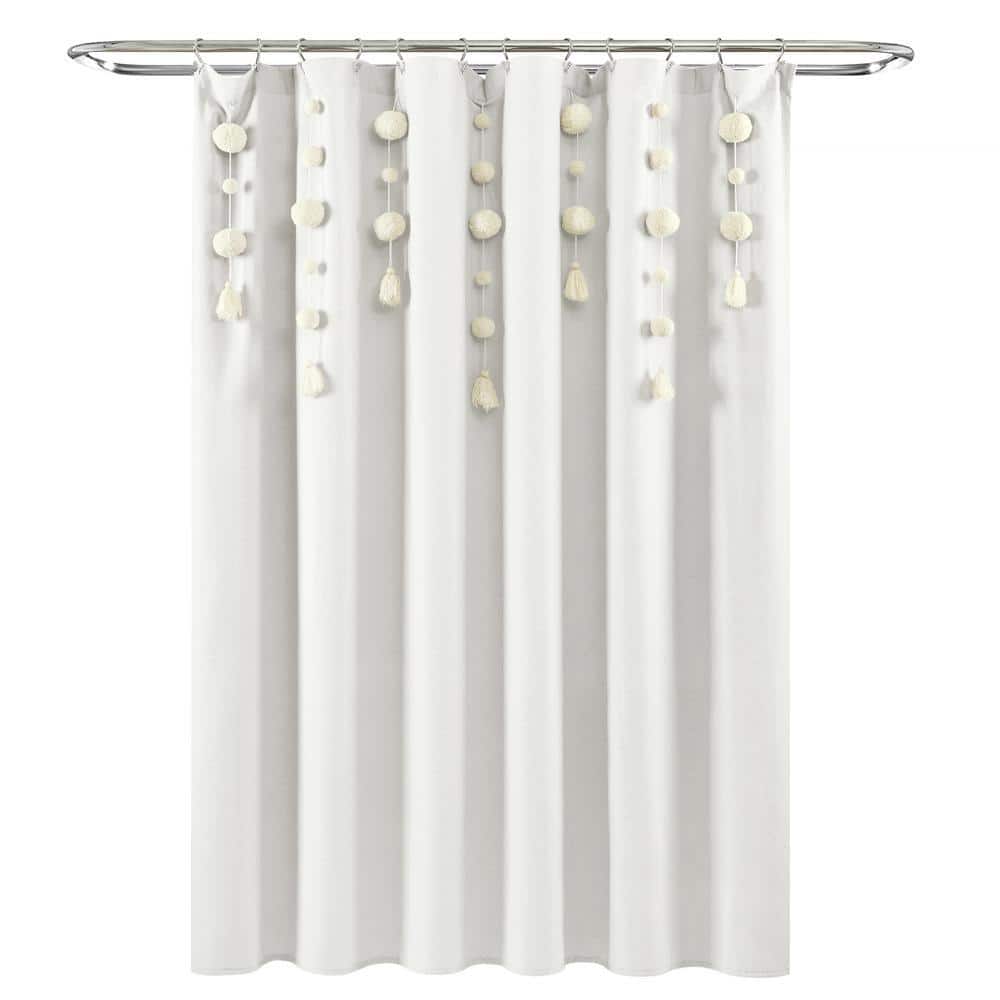 Lush Decor 72 in. x 72 in. Boho Pom Pom Tassel Linen Shower Curtain Off White Single