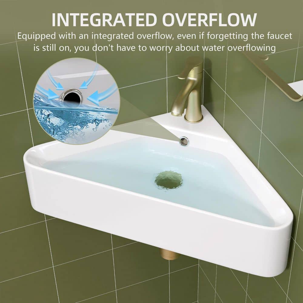 Zeafive 22.5 in. White Ceramic Corner Wall Mounted RV Bathroom Sink Modern Above Counter Bath Small Mini Sink with Overflow (3)