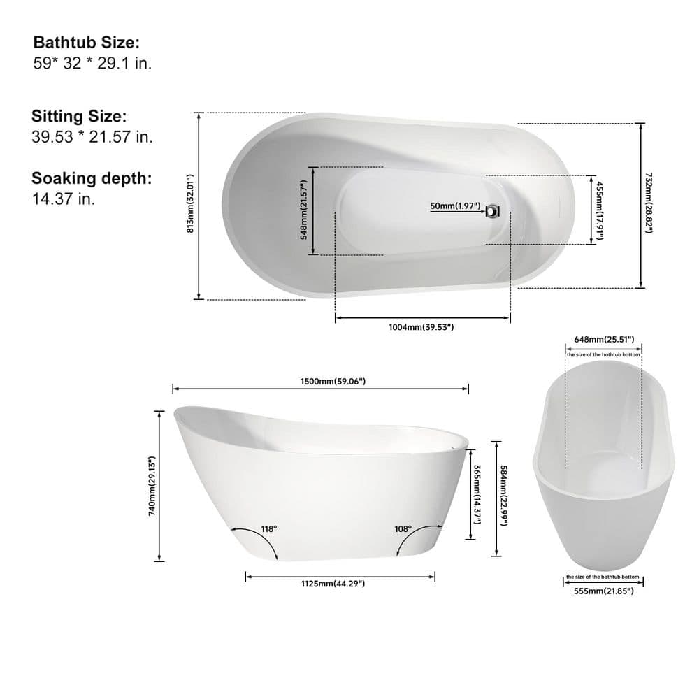 SJ STAR&JANE 59 in. x 32 in. Freestanding Soaking Bathtub with Center Drain in Chrome (2)