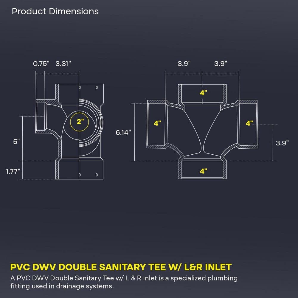 PLUMBFLEX 4 in. x 2 in. Rigid PVC DWV Double Sanitary Tee with Side Inlet, 0.67 Ft Long, White, Schedule 40 (5 Pk) (3)