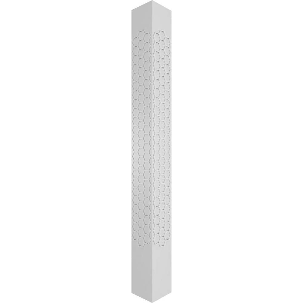 Ekena Millwork 7-5/8 in. x 8 ft. Premium Square Non-Tapered Westmore Fretwork PVC Column Wrap Kit with Mission Capital and Base (3)